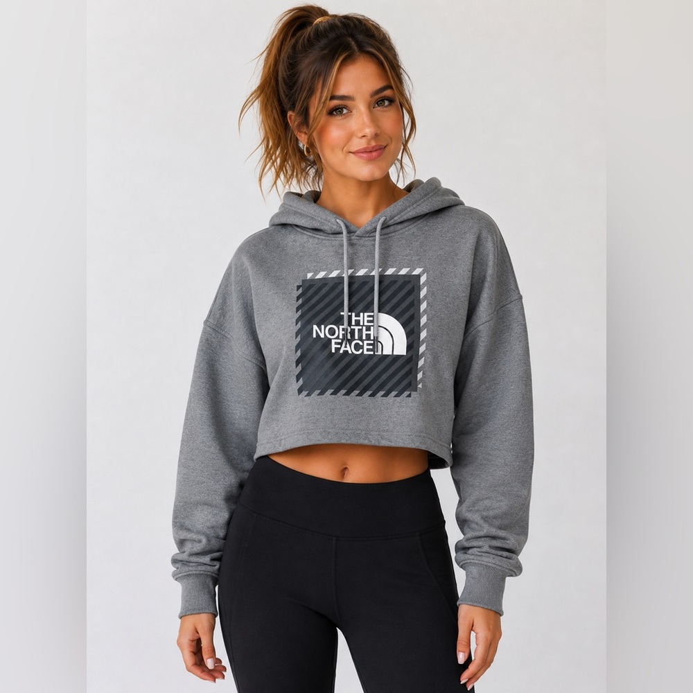 The North Face Womens Large Gray Cropped Hoodie Pullover Logo Sweatshirt